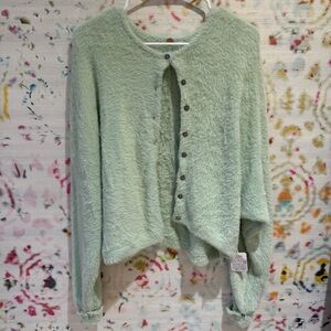 Fuzzy Green Button-Up Cardigan